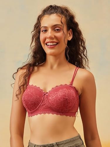 Clovia Women’s Peach Lace Bra – Padded, Underwired, with Adjustable Noodle Straps